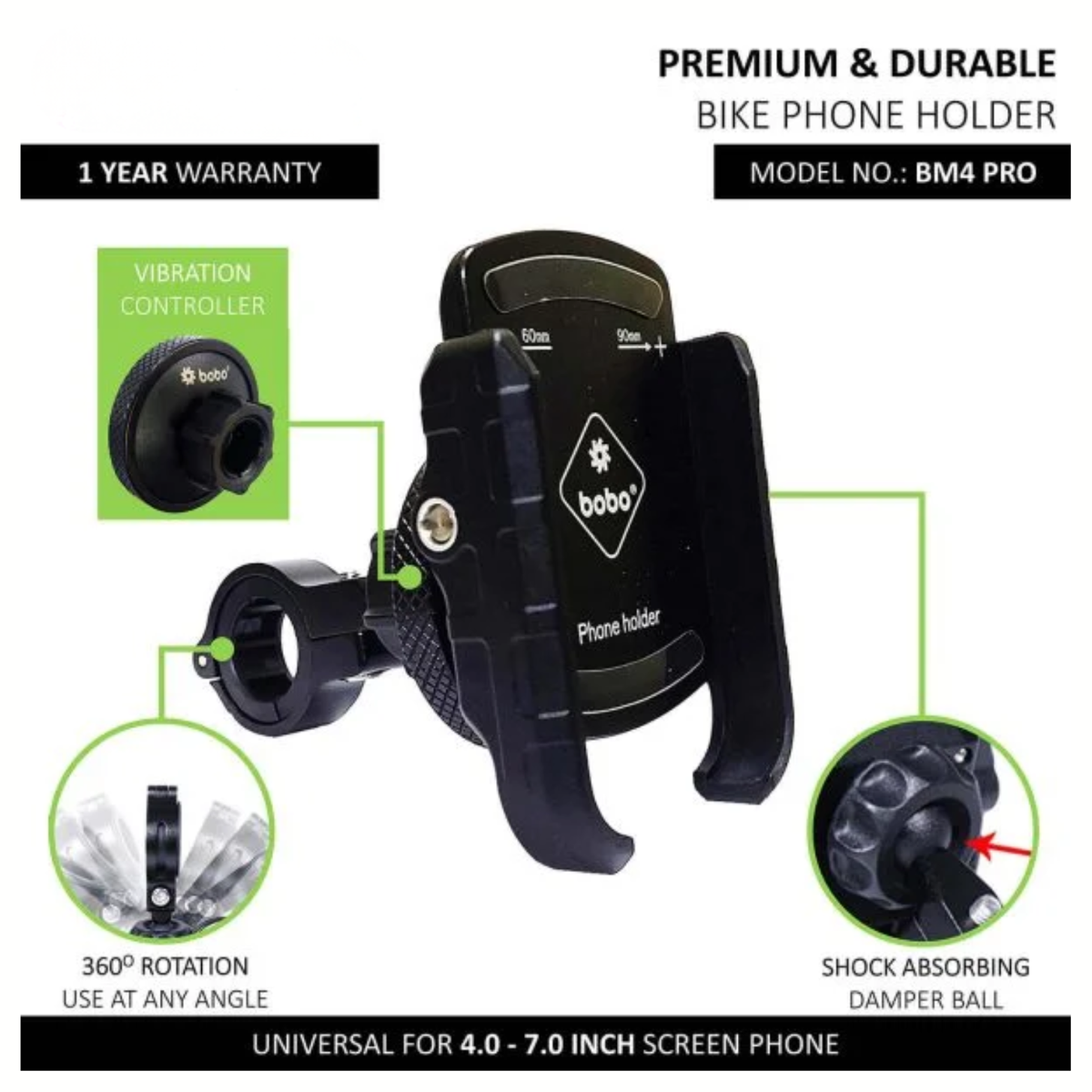 BOBO BM4 PRO Jaw-Grip Bike Phone Holder with Vibration Controller Motorcycle Mobile Mount - Black - BOBO
