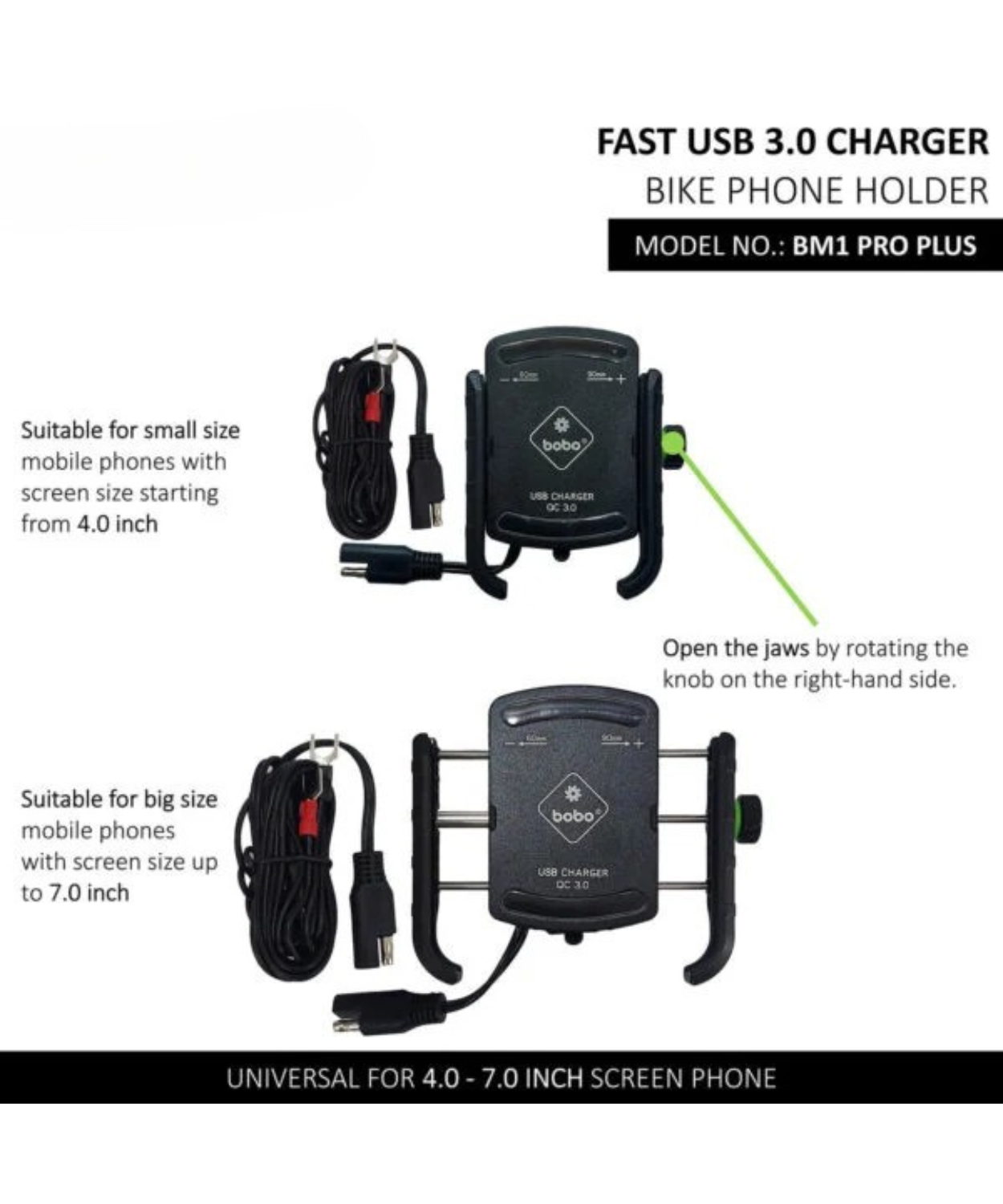 BOBO BM1 Pro Pluse Bike Phone Holder Jaw-Grip with Vibration Damper and Fast USB 3.0 Charger and SAE Connector & Fast USB Cable