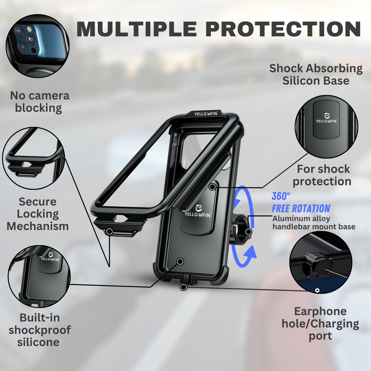 Yellowfin Fully Waterproof Handlebar Mobile Phone Holder without Charger - M18L-B1 Handlebar