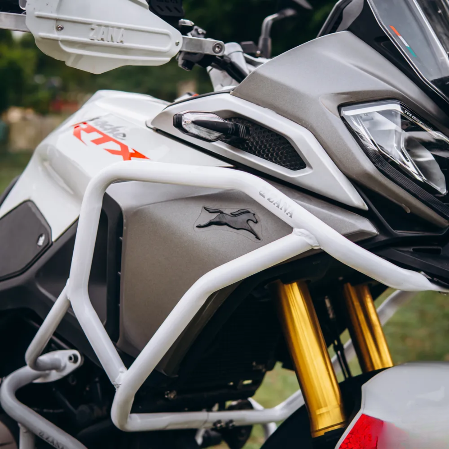 Zana TVS Apache RTX 300 Beak Version Upper & Lower Crash Guard with Slider Combo - White - ZI-8747 / ZI-8746