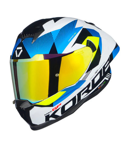 Korda Sonic GP Brave Helmet - Gloss White Blue & Fluorescent Yellow