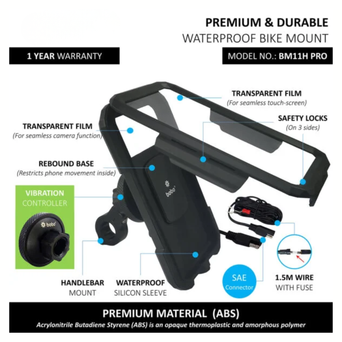 BOBO BM11H PRO Fully Waterproof Bike Phone Holder with Vibration Controller (with Fast 15W Wireless Charger and USB-C