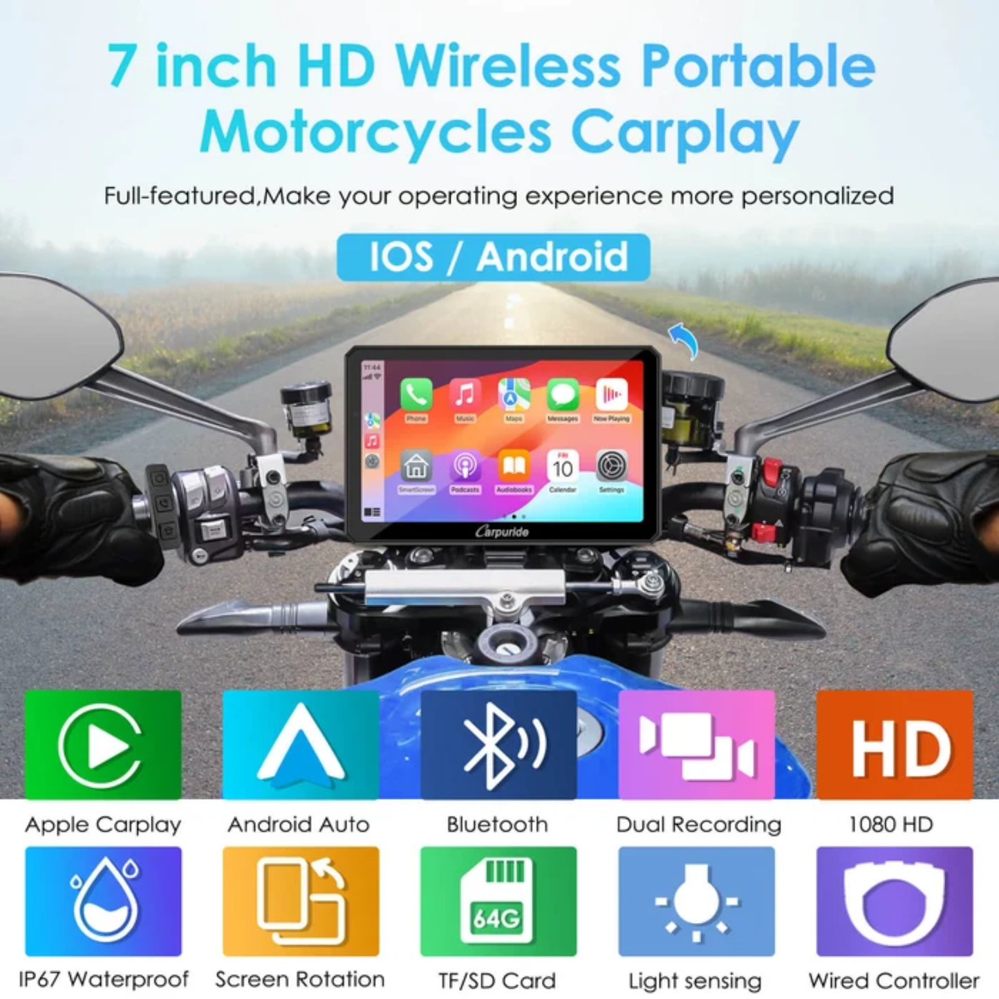 Carpuride W712D Rotatable Motorcycle Stereo with GPS Navigation and Dash Cam
