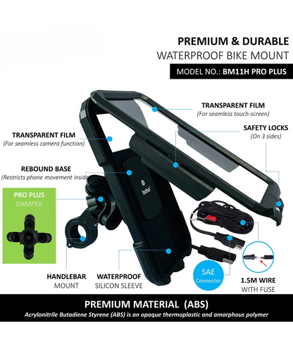 BOBO BM11H Pro Plus Fully Waterproof Bike Phone Holder with Vibration Damper and Fast 15W wireless Charger & USB-C Input/Output Port.