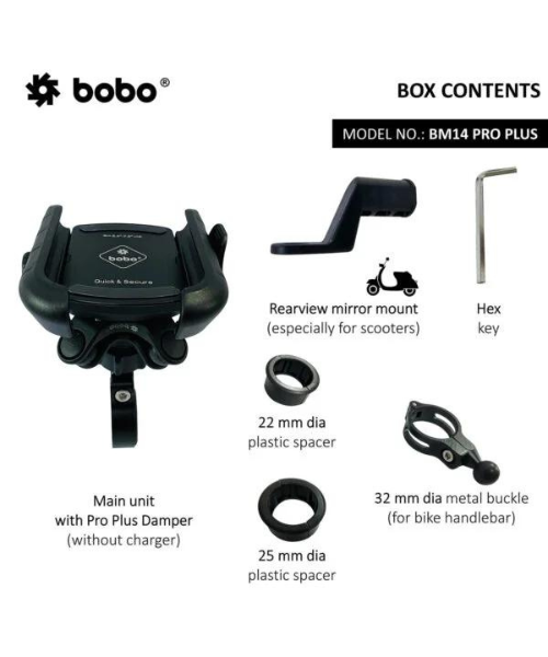 BOBO Quick Release with PRO PLUS Vibration Damper Enhanced BM4 PRO PLUS Bike Cycle Phone Holder Motorcycle Mobile Mount - Black - BM14 PRO PLUS