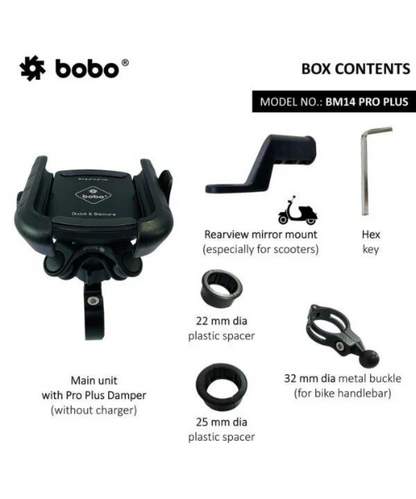 BOBO Quick Release with PRO PLUS Vibration Damper Enhanced BM4 PRO PLUS Bike Cycle Phone Holder Motorcycle Mobile Mount - Black - BM14 PRO PLUS