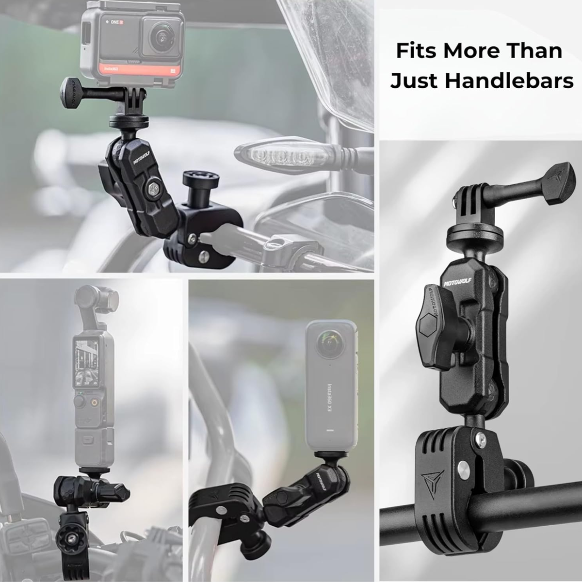 Motowolf Action Camera Power Clamp Mount with 360° Dual Ball Head and Anti-Theft Knob