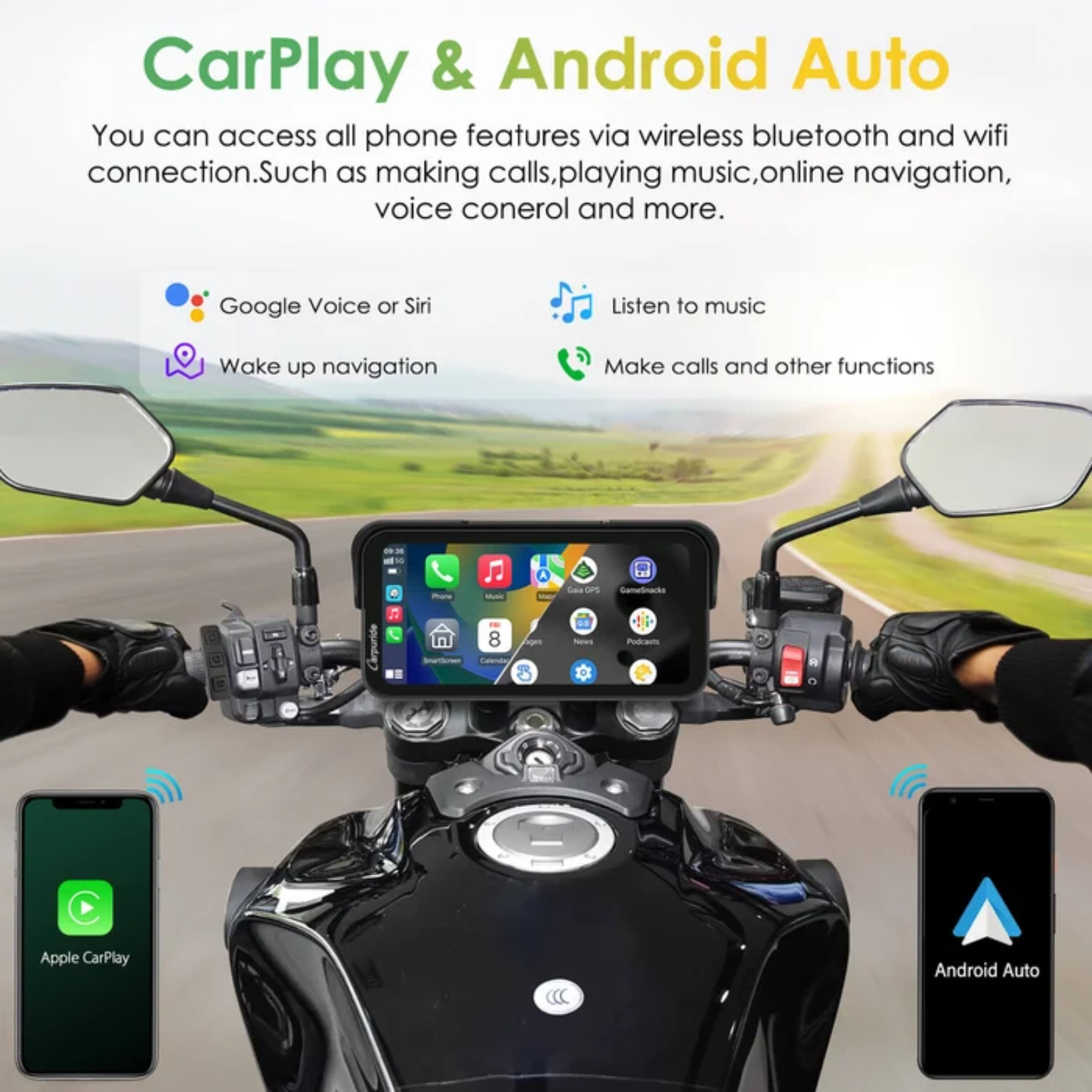 Carpuride W603D Wireless Motorcycle Stereo with HD Dual Cameras