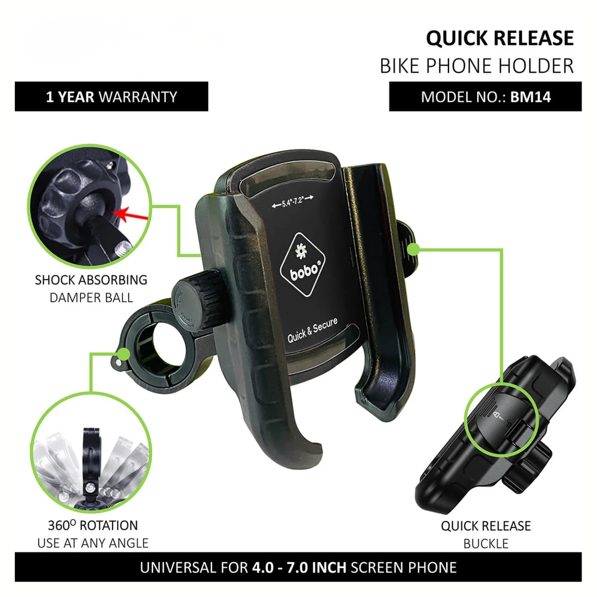 BOBO Quick Release Bike Cycle Phone Holder Motorcycle Mobile Mount - Black - BM14 - BOBO