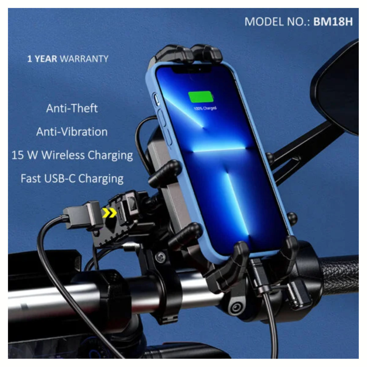 BOBO BM18M Pro Bike Mirror Mount Anti-Vibration with Fast 15W Wireless Charger & USB-C Charging Module - BOBO
