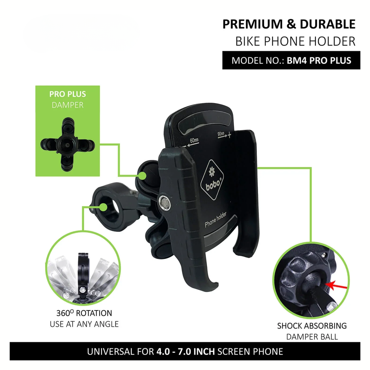BOBO BM4 PRO PLUS Jaw-Grip Bike Phone Holder with PRO PLUS Vibration Damper Motorcycle Mobile Mount - Black - BOBO