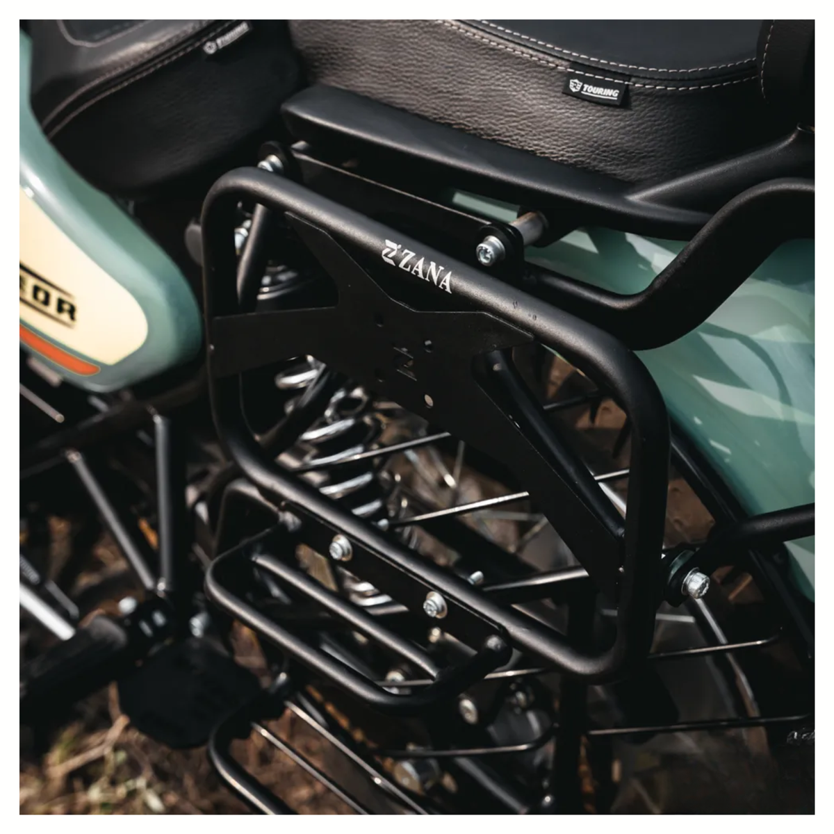 Zana Royal Enfield Meteor 350 V-2 Saddle Stay Mild Steel with Exhaust Shield and Jerry Can Mount - Texture Matt Black