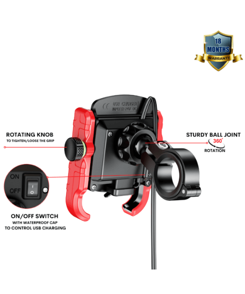 Yellowfin Jaw-grip Fast QC 3.0 Mobile Holder with charger for Bikes &amp; Scooters - M8 Red