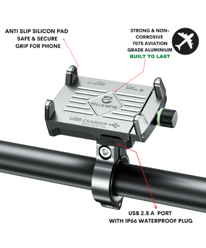 Yellowfin Claw-grip 2.5 A USB Mobile Holder with charger for Bikes - M6 Silver