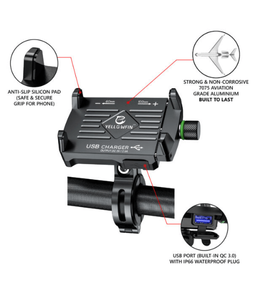 Yellowfin Claw-Grip 2.5 A USB Mobile Holder with Charger for Bikes / Scooters - M6 Black