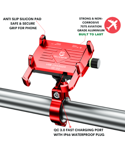 Yellowfin Claw-grip with Fast QC 3.0 Mobile Holder with Charger for Bikes & Scooters - M6S Red