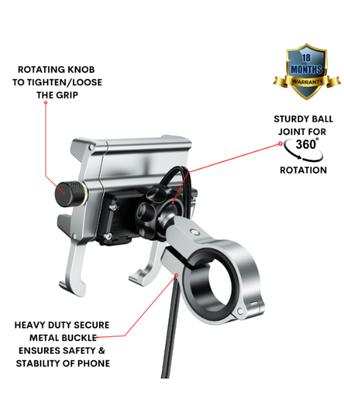 Yellowfin Claw-grip with Fast QC 3.0 Mobile Holder with charger for Bikes & Scooters - M6S Silver