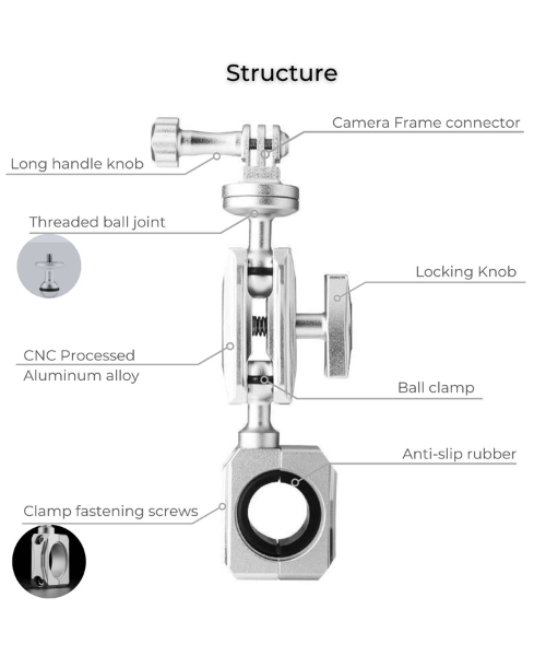 Yellowfin Action Camera Aluminium Alloy Metal Pro Long Mount for GoPro 360 Rotatable Silver - Handlebar Pro Mount-1-1
