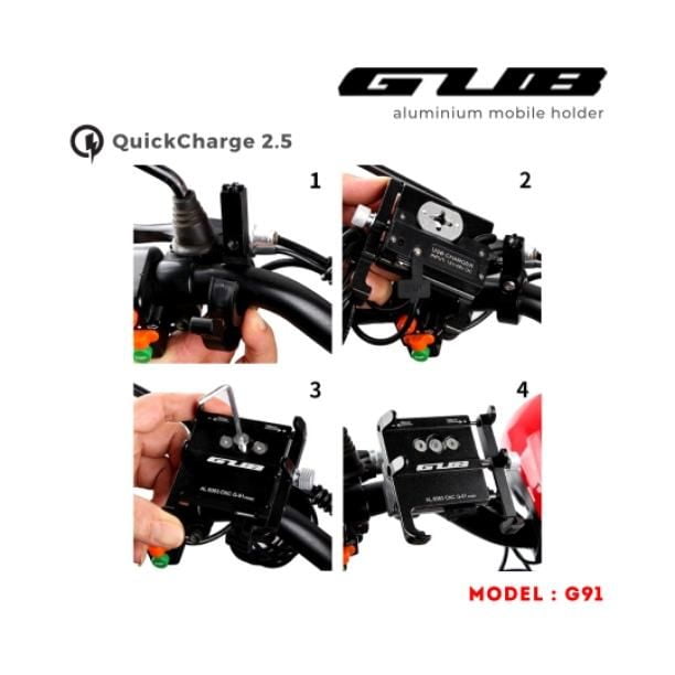 Route 95 GUB G91 Aluminium Handlebar Mobile Holder with Quick Charger 2.5A
