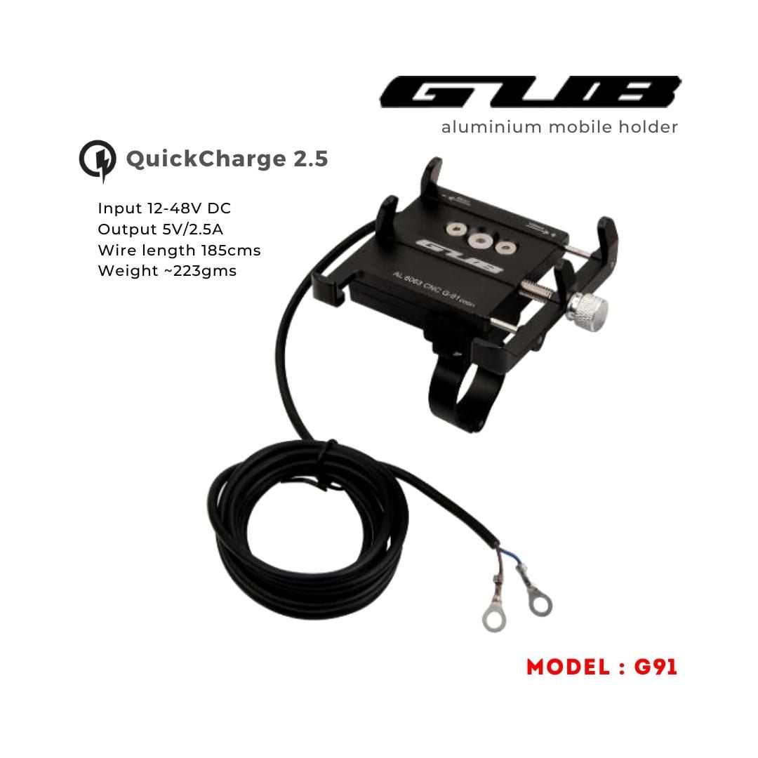 Route 95 GUB G91 Aluminium Handlebar Mobile Holder with Quick Charger 2.5A
