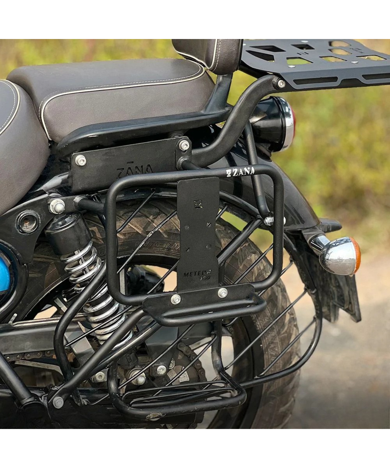 Zana Saddle Stay Mild Steel with Exhaust Shield and Jerry Can Mount Texture Matt Black for Meteor 350 - ZI-8397