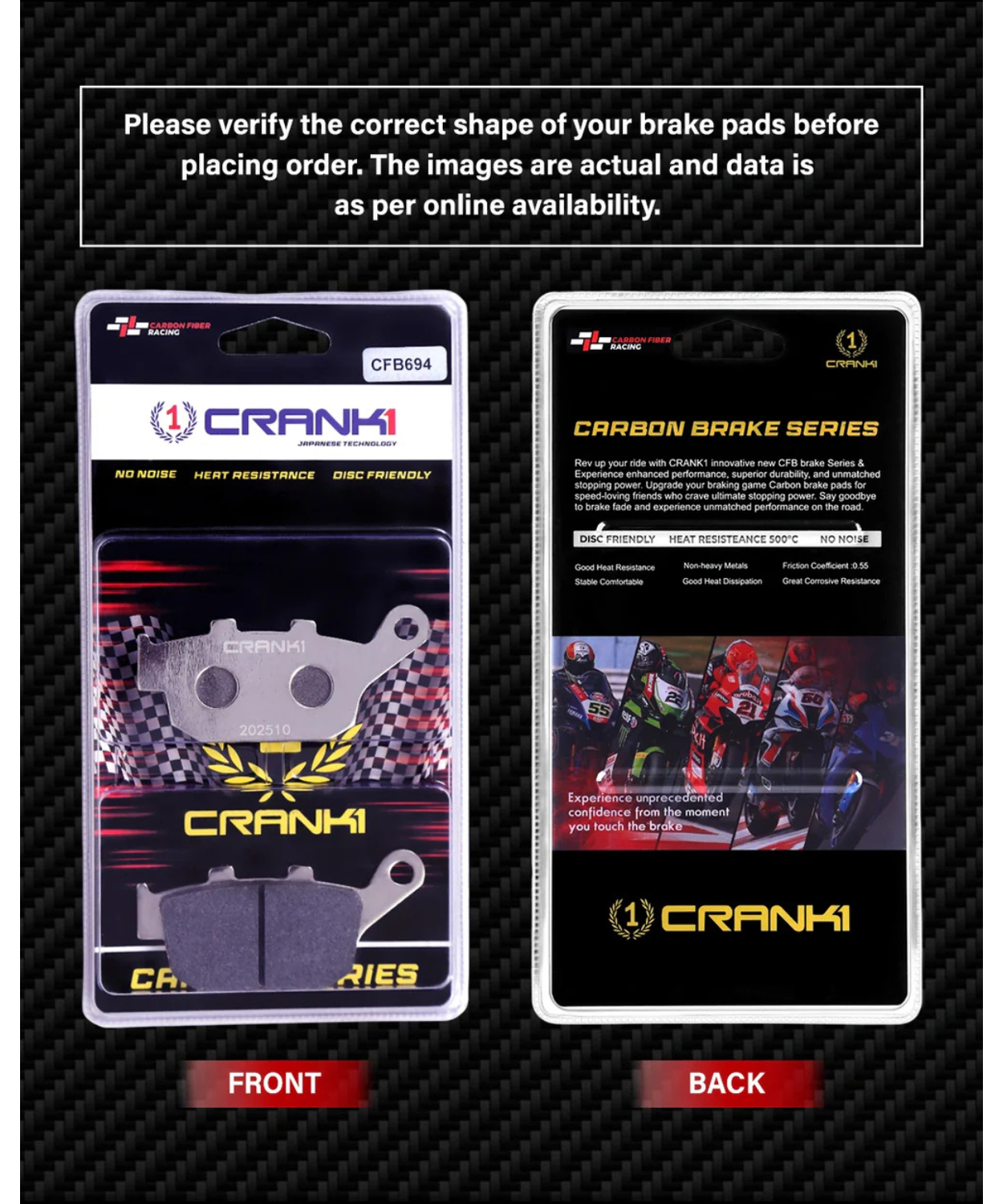 Crank1 Carbon Brake Pads for Honda CB300R (2018 - 2021)