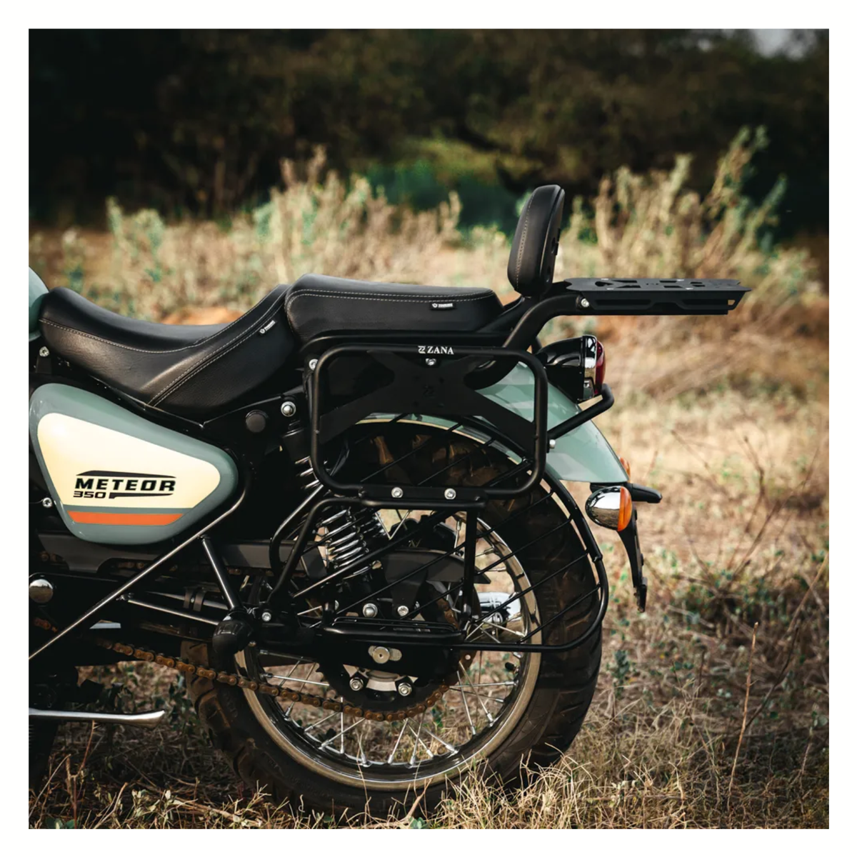 Zana Royal Enfield Meteor 350 V-2 Saddle Stay Mild Steel with Exhaust Shield and Jerry Can Mount - Texture Matt Black