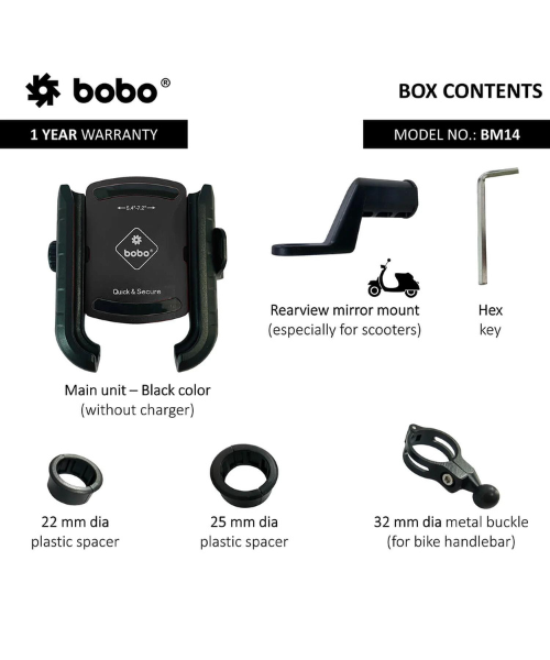 BOBO Quick Release Enhanced BM4 Bike Cycle Phone Holder Motorcycle Mobile Mount - Black - BM14