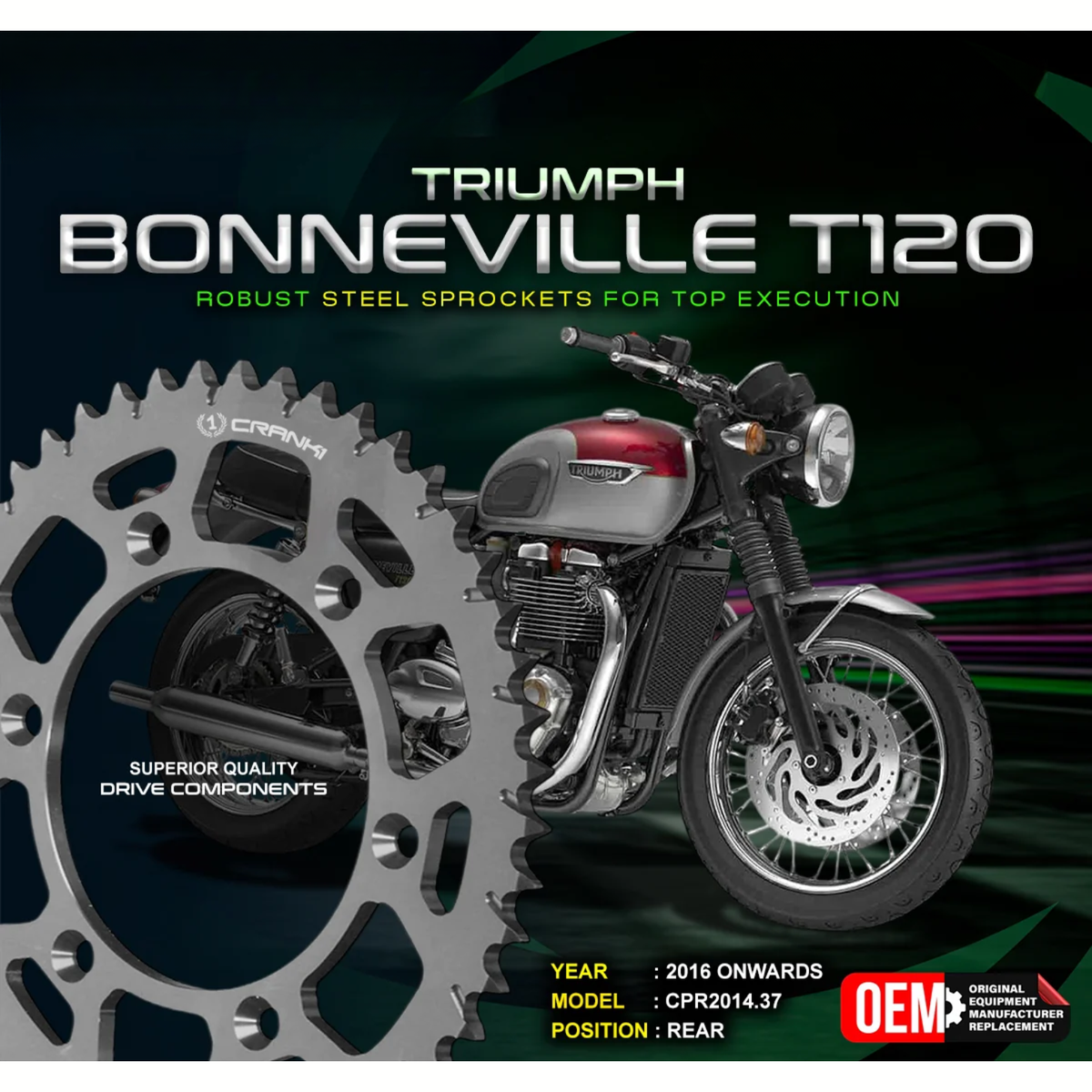 Crank1 Triumph Bonneville T120 (2016 Onwards) Performance Motorcycle Sprocket - Black - CPR2014.37T