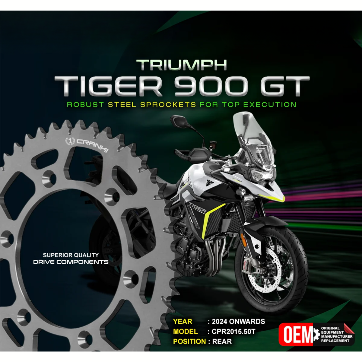 Crank1 Triumph Tiger 900 GT (2024 Onwards) Performance Motorcycle Sprocket - Black - CPF2015.50T - Crank 1