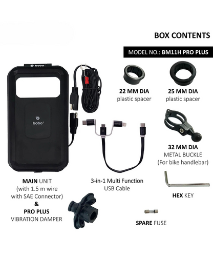 BOBO BM11H Pro Plus Fully Waterproof Bike Phone Holder with Vibration Damper and Fast 15W wireless Charger & USB-C Input/Output Port.