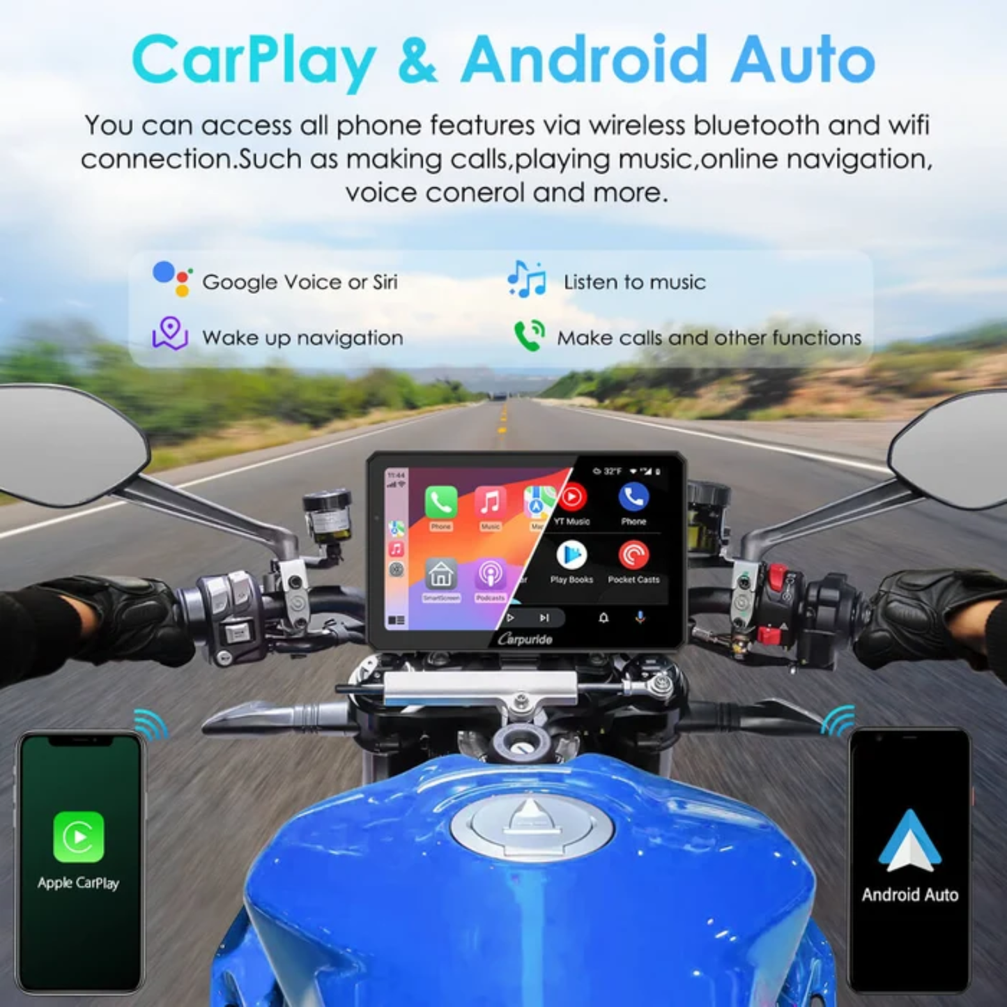 Carpuride W712D Rotatable Motorcycle Stereo with GPS Navigation and Dash Cam
