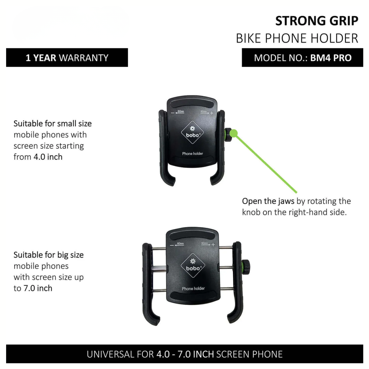 BOBO BM4 PRO Jaw-Grip Bike Phone Holder with Vibration Controller Motorcycle Mobile Mount - Black - BOBO