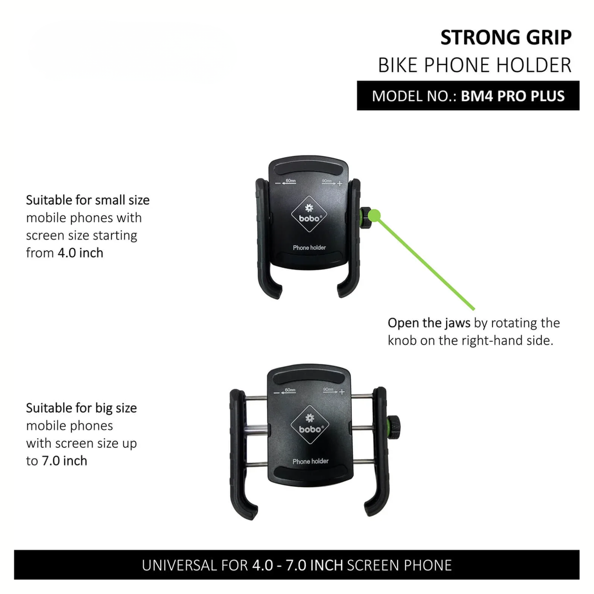 BOBO BM4 PRO PLUS Jaw-Grip Bike Phone Holder with PRO PLUS Vibration Damper Motorcycle Mobile Mount - Black - BOBO