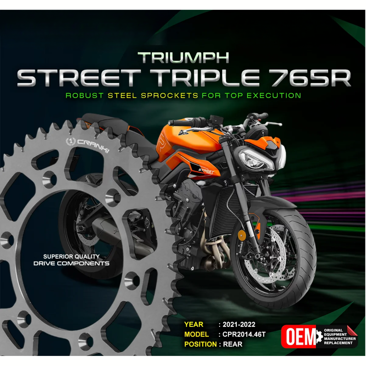 Crank1 Triumph Street Triple 765S (2017-2020) Performance Motorcycle Sprocket - Black - CPR2014.46T