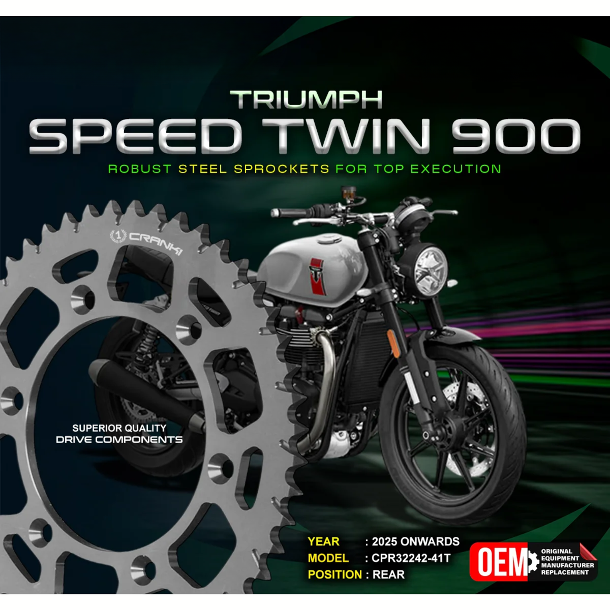 Crank1 Triumph Speed Twin 900 (2025 Onwards) Performance Motorcycle Sprocket - Black - CPR32242-41T