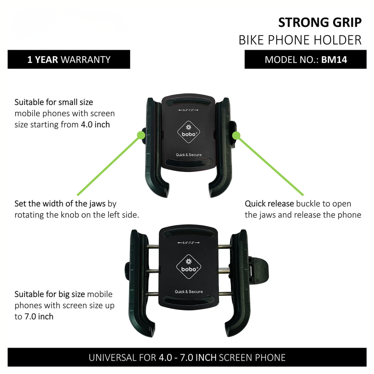 BOBO Quick Release Bike Cycle Phone Holder Motorcycle Mobile Mount - Black - BM14 - BOBO