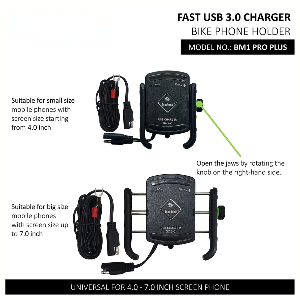 BOBO BM1 Pro Pluse Bike Phone Holder Jaw-Grip with Vibration Damper and Fast USB 3.0 Charger and SAE Connector & Fast