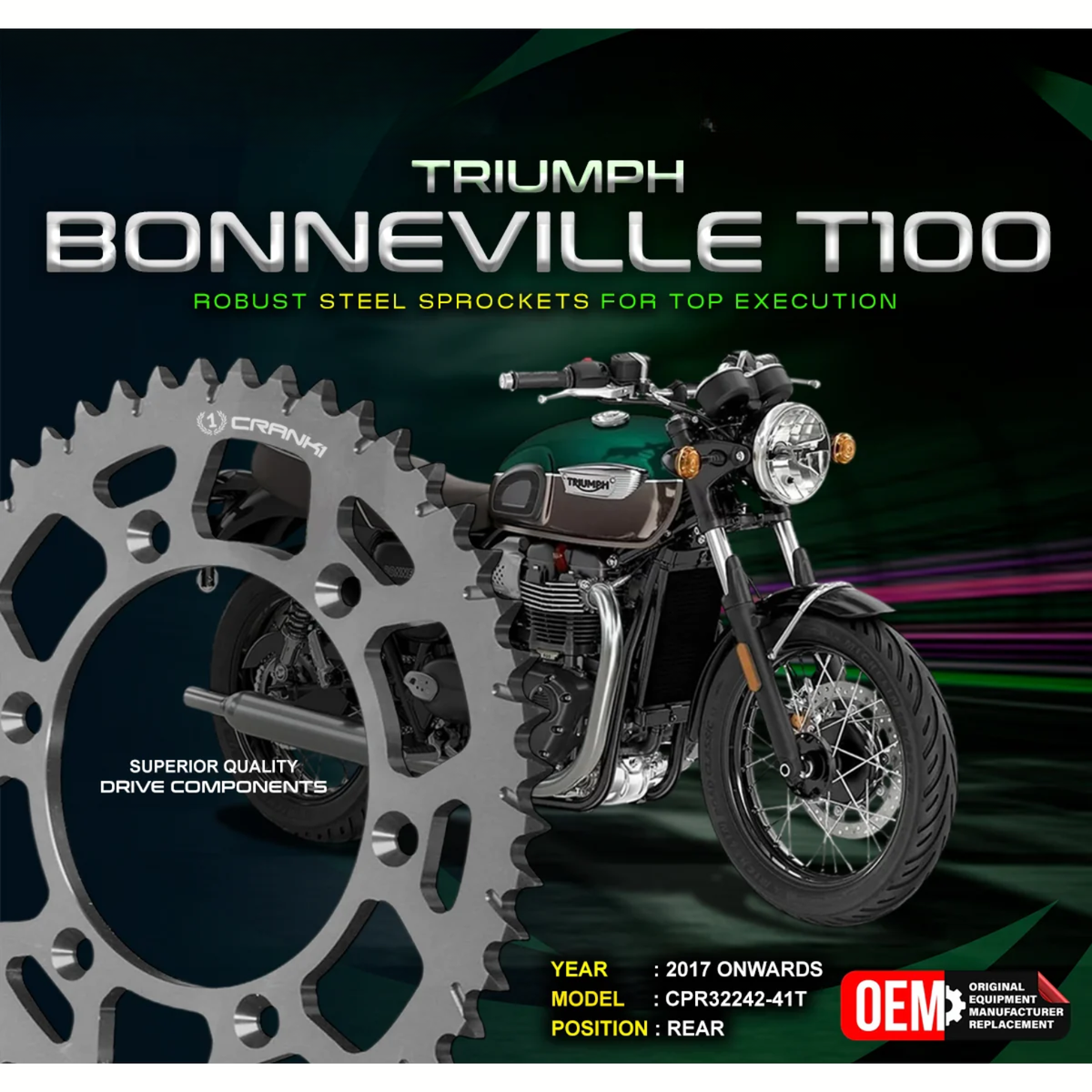 Crank1 Triumph Bonneville T100 (2017 Onwards) Performance Motorcycle Sprocket - Black - CPR32242-41T