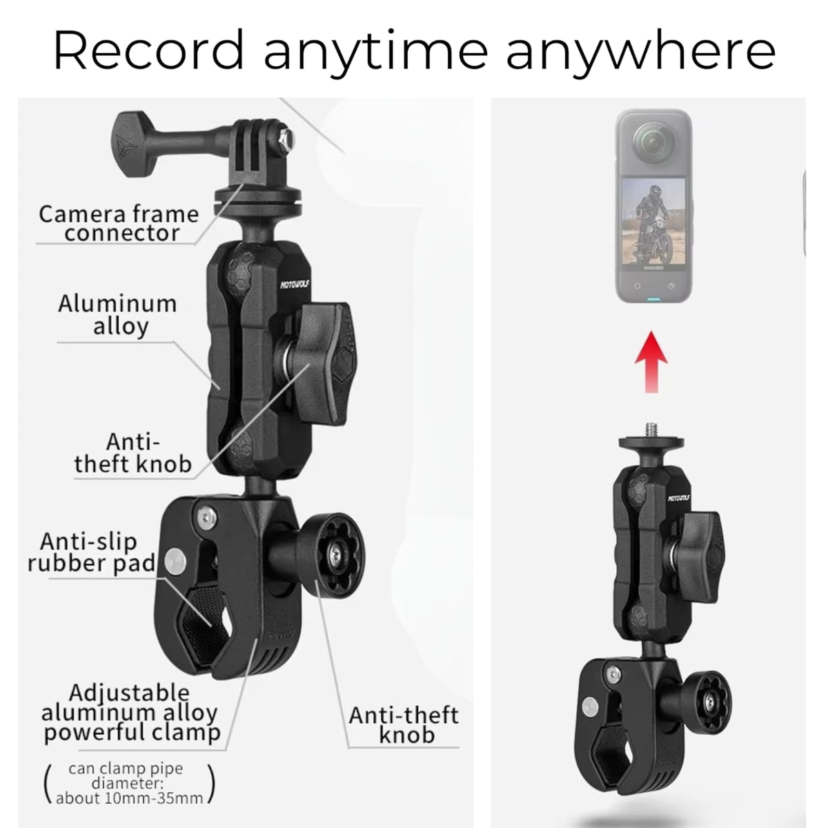Motowolf Action Camera Power Clamp Mount with 360° Dual Ball Head and Anti-Theft Knob