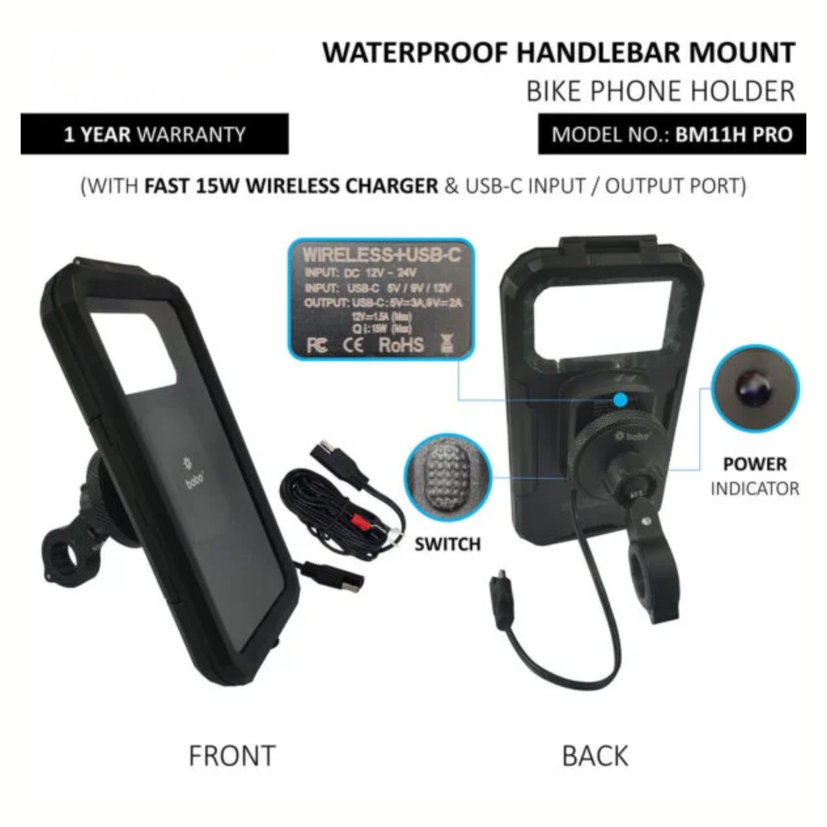 BOBO BM11H PRO Fully Waterproof Bike Phone Holder with Vibration Controller (with Fast 15W Wireless Charger and USB-C