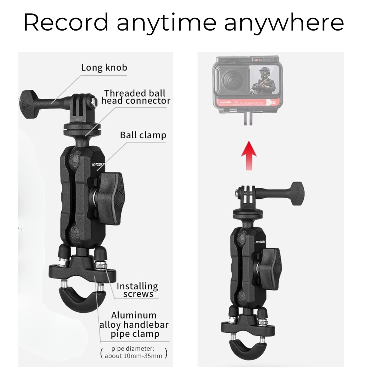 Motowolf Action Camera Handlebar Mount with 360° Dual Ball Head