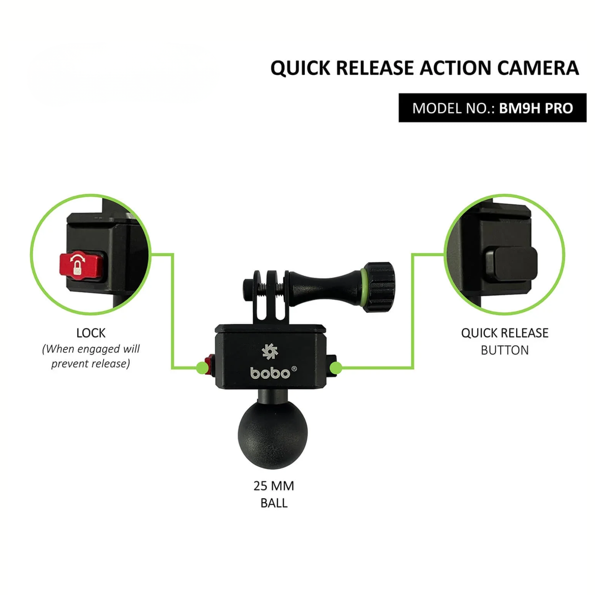 BOBO Quick Release Action Camera Mount - Black - BM9H PRO - BOBO