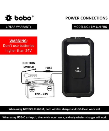 BOBO Fully Waterproof Bike Phone Holder with Vibration Controller (with Fast 15W Wireless Charger and USB-C Input/Output Port) Motorcycle Mobile Mount - Black - Handlebar Attachment - BM11H PRO