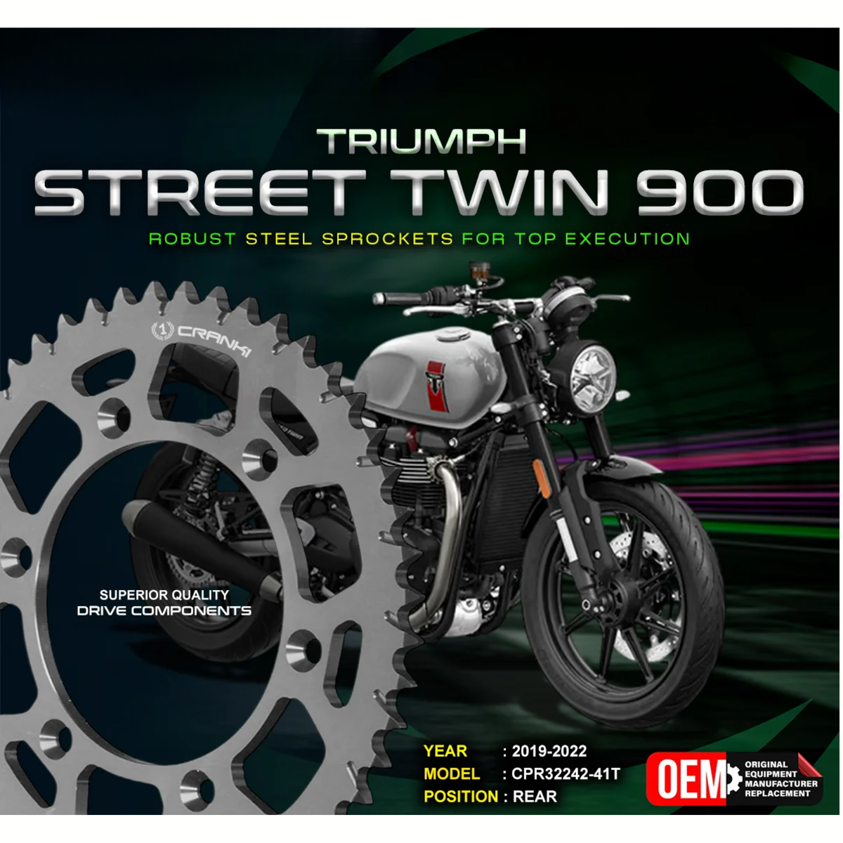 Crank1 Triumph Street Twin 900 (2019-2022) Performance Motorcycle Sprocket - Black - CPR32242-41T