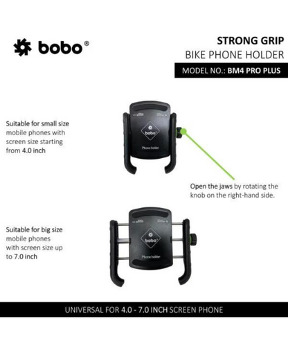 BOBO Jaw-Grip Bike Phone Holder with PRO PLUS Vibration Damper Motorcycle Mobile Mount - Black - BM4 PRO PLUS