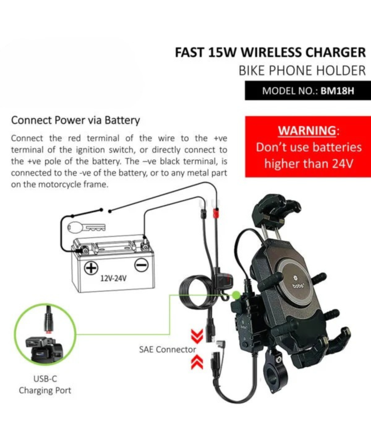 BOBO BM18H Pro Bike Handlebar Anti-Vibration with Fast 15W Wireless Charger & USB-C Charging Module