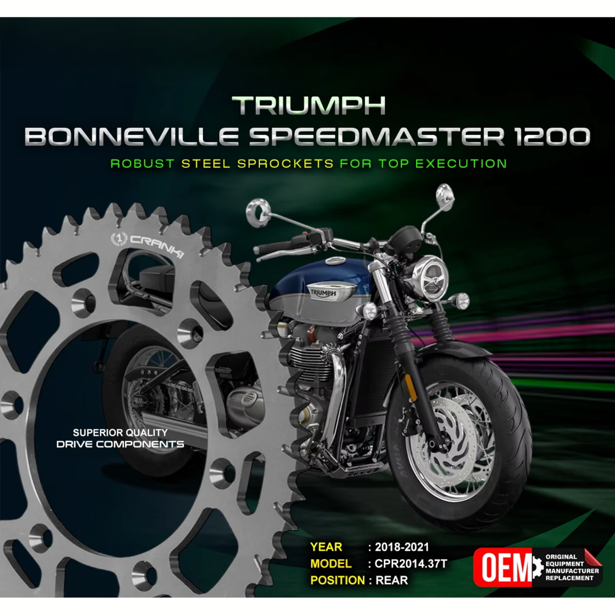 Crank1 Triumph Bonneville Speedmaster 1200 (2018-2021) Performance Motorcycle Sprocket - Black - CPR2014.37T