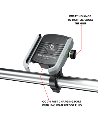 Yellowfin Jaw-grip Fast QC 3.0 Mobile Holder with charger for Bikes &amp; Scooters - M8 Grey