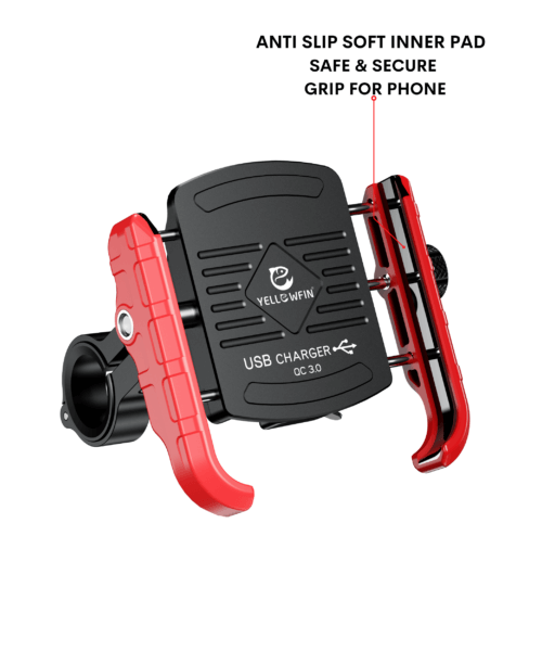 Yellowfin Jaw-grip Fast QC 3.0 Mobile Holder with charger for Bikes &amp; Scooters - M8 Red